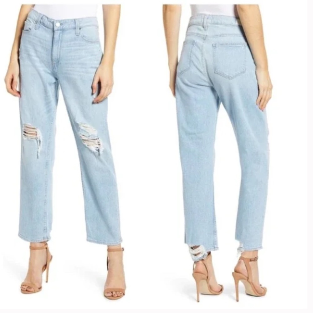 Paige High Rise Noella Doretta Destructed Denim Cropped Raw Hem Jeans Size 29